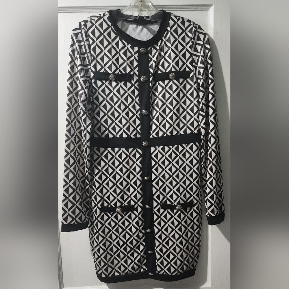 SHEIN Monochrome Geometric Long Sleeve Dress size L